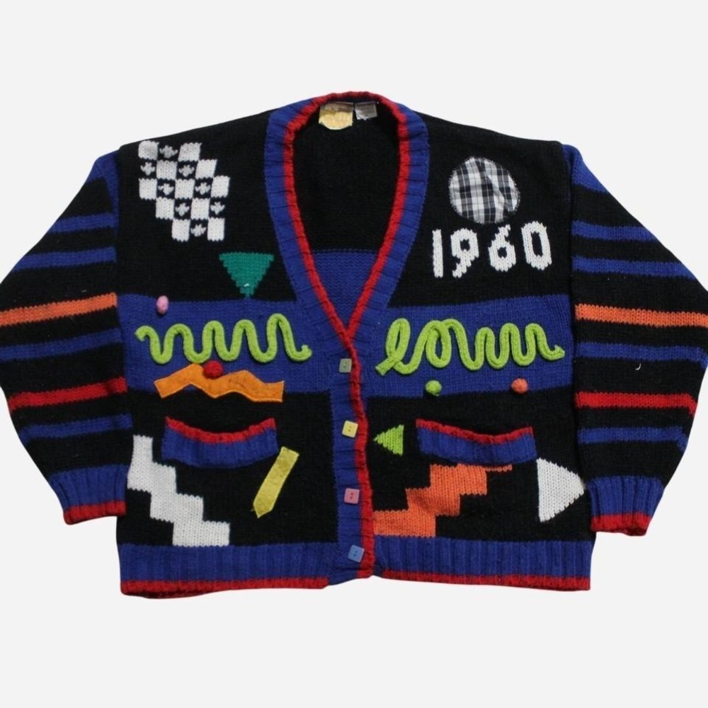 Womens Vintage 90s Artsy Quirky Boxy Fit Abstract Pattern Cardigan Sweater - Picture 2 of 7